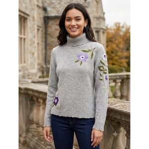 Tribeca Studio Gray Floral Embroidered Turtleneck Sweater Rabbit Hair Blend L